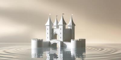 White Miniature Castle Model with Bridge and Water Reflection. photo