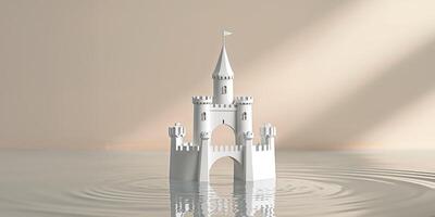 White Miniature Castle Model with Bridge and Water Reflection photo