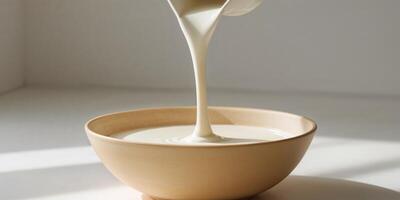 Creamy Sauce Being Poured Into A Light Colored Bowl photo