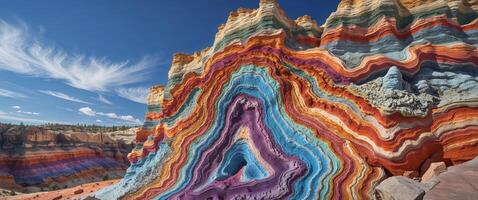 Abstract layered rock formation displaying colorful geological strata photo