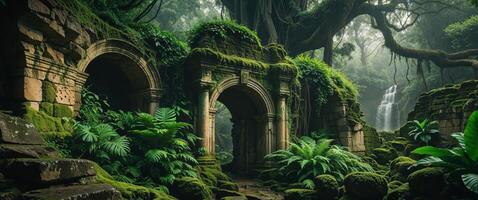 Ancient Stone Ruins Overgrown with Lush Green Moss in a Tropical Jungle Setting photo