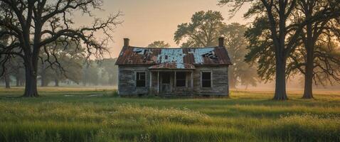 Abandoned wooden house in countryside near trees and field. photo