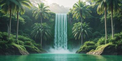 Serene Waterfall in Lush Tropical Paradise with Palm Trees and Turquoise Water photo