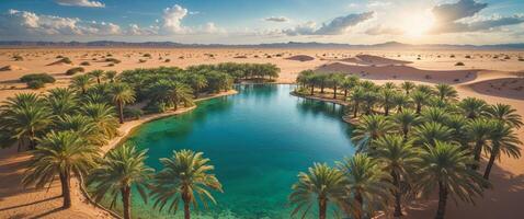 Aerial View of Oasis with Water and Palm Trees in Desert. photo