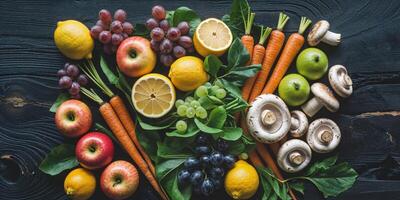 Overhead view of fresh produce including fruits vegetables and mushrooms on dark textured background. photo
