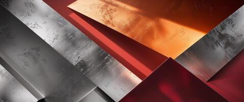 Abstract textured planes in silver orange and red with diagonal shadows creating geometric shapes. photo