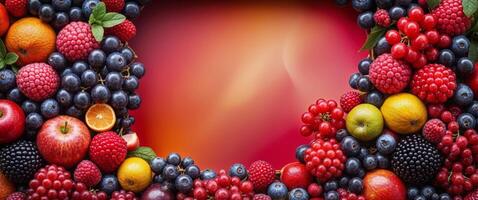 Frame made of ripe fruits and berries on color background. photo