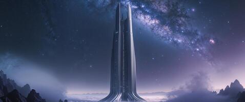 Futuristic Tower Structure Above Earth with Space Background. photo