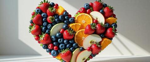 A collection of mixed fruits forming a perfect heart shape. photo