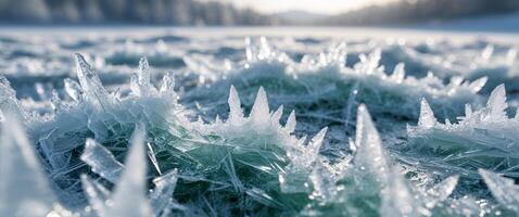 Macro Ice Formations and Shattered Frost in Winter with Translucent Texture and Abstract Composition. photo