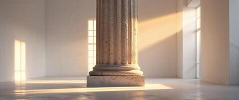 A large column in an empty room with sunlight coming through the windows photo