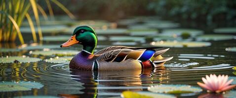 A duck swimming in a pond with lily pads photo