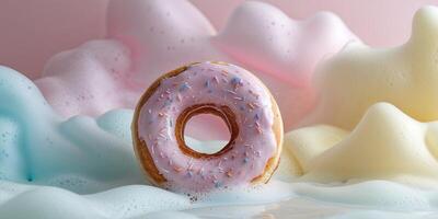 Whimsical Donut and Soapy Fluffy Foam Texture Background in Pastel Colors. photo