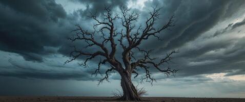 a dead tree in a field with a stormy sky in the background. photo
