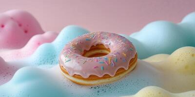 Whimsical Donut and Soapy Fluffy Foam Texture Background in Pastel Colors photo