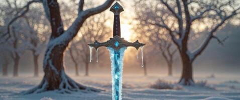 A sword is standing in the snow with trees in the background photo