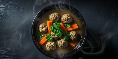 Overhead view of meatball soup in a black bowl with carrots and parsley on a dark textured surface. photo
