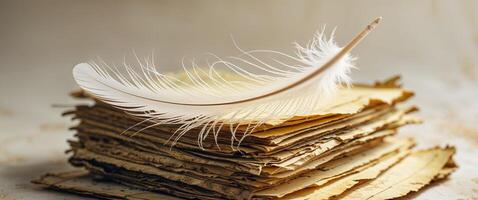 A Feather Resting Atop a Stack of Aged Paper photo