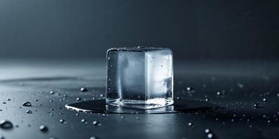 An ice cube sitting on a table with water droplets photo