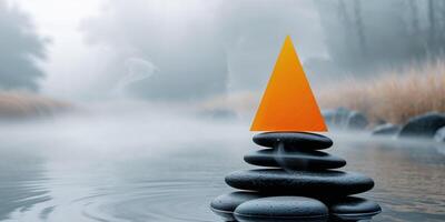 A stack of rocks with an orange cone on top photo