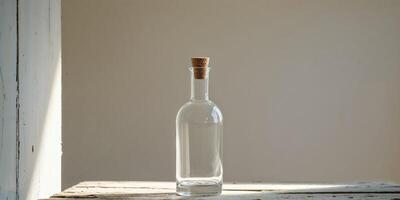 Clear Empty Glass Bottle with Cork Stopper on Rustic Wooden Table photo