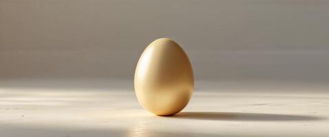 Smooth golden egg resting on a clean surface in soft lighting showcasing its simple elegance. photo