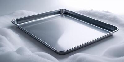 Metallic baking sheet on a clean white backdrop ready for culinary creations. photo