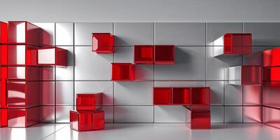 Abstract Red Cubes Background with Metallic Tiles for Presentation Mockup. photo