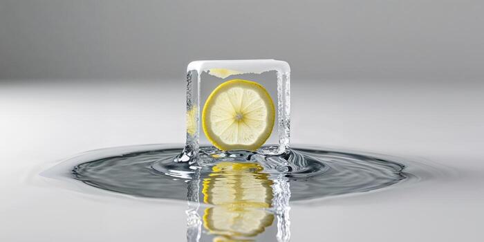 Melting Ice Cube with Lemon Slice in Water. photo
