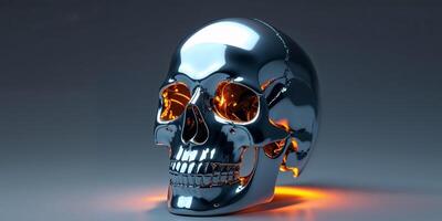 Futuristic metallic skull with glowing orange lights displayed on a dark background photo