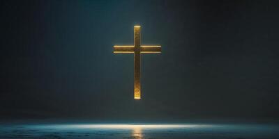 An illuminated golden cross shining in a dark and atmospheric space. photo