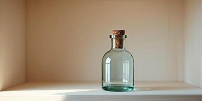 A glass bottle with cork on top of a shelf photo