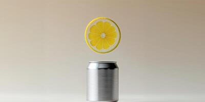 A can of lemonade sitting on top of a table photo
