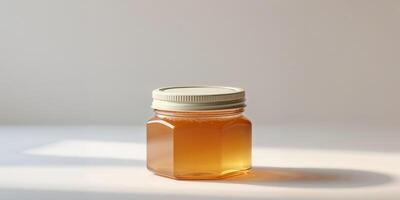 A jar of honey on a table with a light photo