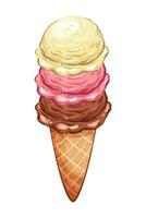 Ice cream scoop with three balls in cartoon style, yellow, pink and brown balls in waffle cone isolated on white background, Sweet summer dessert illustration from constructor set for design vector