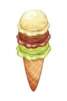 Ice cream scoop with three balls in cartoon style, yellow, green and brown balls in waffle cone isolated on white background, Sweet summer dessert illustration from constructor set for design vector