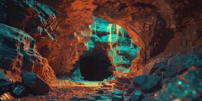 Mysterious Stone Cave Entrance in Pixel Art Style Game Background with Dark and Textured Rock. photo