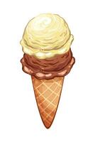 Ice cream scoop with two balls in cartoon style, yellow and brown balls in waffle cone isolated on white background, Sweet summer dessert illustration from constructor set for candy design vector