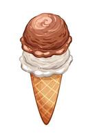 Ice cream scoop with two balls in cartoon style, white and brown balls in waffle cone isolated on white background, Sweet summer dessert illustration from constructor set for candy design vector