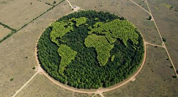 Aerial View of a World Map Shaped Forest Plantation A Symbol of Environmental Conservation and Sustainable Practices photo