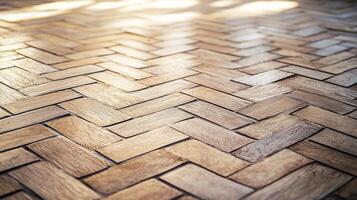 Wooden herringbone floor design in warm light inside a cozy space photo