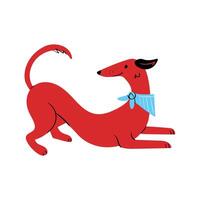 Playful doodle of red hound dog in bow pose with front paws down and tail up with bandana on neck. Illustration in flat cartoon style on white background vector