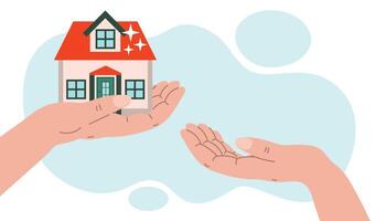 Real estate buying concept. Businessman hands giving a new house, successful investment concept. Illustration in flat style. vector