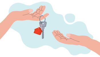Rent or buying a house. Real estate concept. Realtor hands over house key, successful investment concept. Inherit a house. Inheritance concept. Flat style illustration. vector