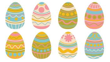 Happy Easter cute eggs in pastel colors. Set of Easter eggs with different ornaments on a white background. Spring holiday. vector