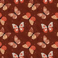 Butterflies seamless pattern. boho background. Moths with floral, botanical and abstract ornament on wings. Illustrated whimsical insects and doodle leafy elements. vector