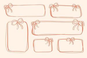 Set of square, rectangular frames with ribbons and bows. Cute line doodles hand drawn design elements. Frame for cards, birthday and wedding invitations vector