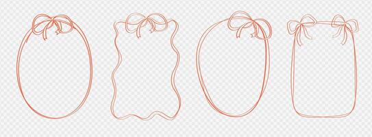 Set of frames square, rectangular, round with bows. Hand drawn cute wavy frame doodle romantic illustration. vector