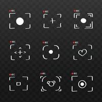 Camera viewfinder UI icons set with hand drawn doodle style recording symbols. UI display elements on dark background vector