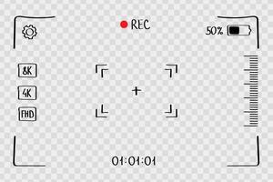 Camera Viewfinder Screen Interface with REC Icon, Zoom Level, Battery Status and Resolution Options. Doodle style sketch. vector